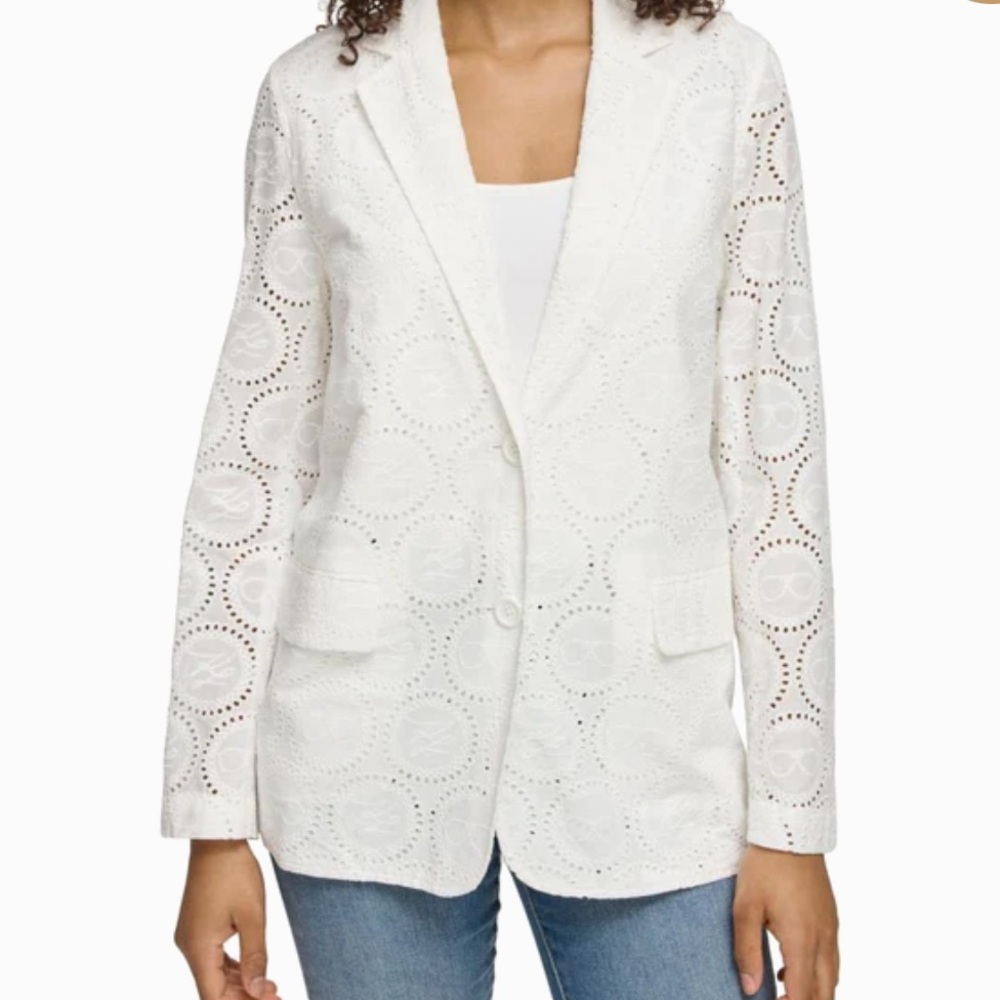 🆕 Karl Lagerfeld Paris Cotton Eyelet Two Button Blazer - Picture 3 of 16